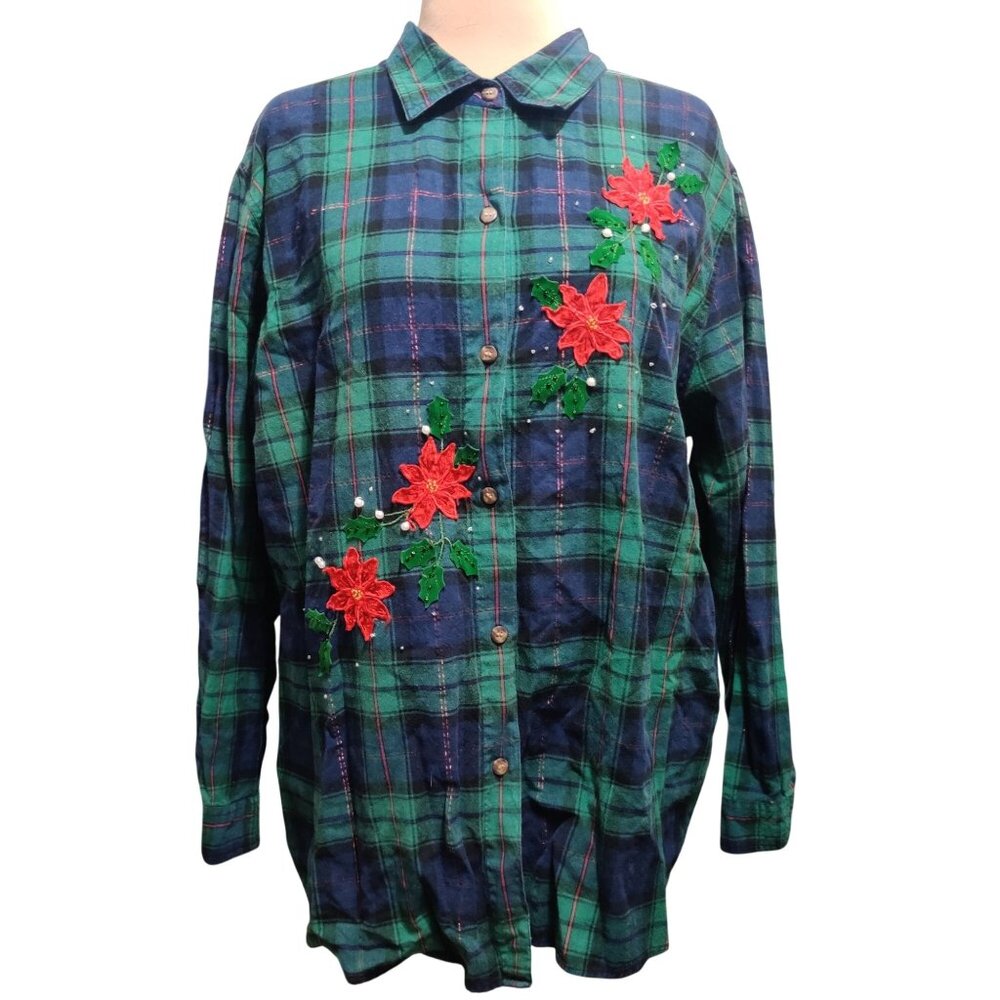 Vintage Victoria Jones Plus Size 2X Green Plaid Poinsettia Beaded Holiday Shirt